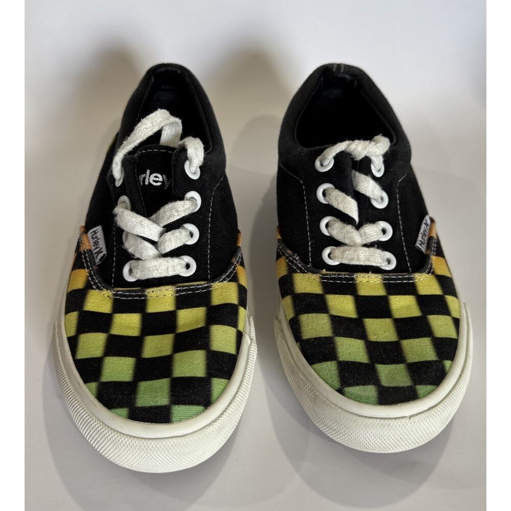 Hurley Shaka-T Checkered Sneakers Big Kid Boy 2 Black Green Lace Up Canvas Shoes - Picture 2 of 9